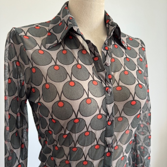 Mexx Tops - Mexx - Grey and Orange  Sheer Button Down Shirt with Circle Design